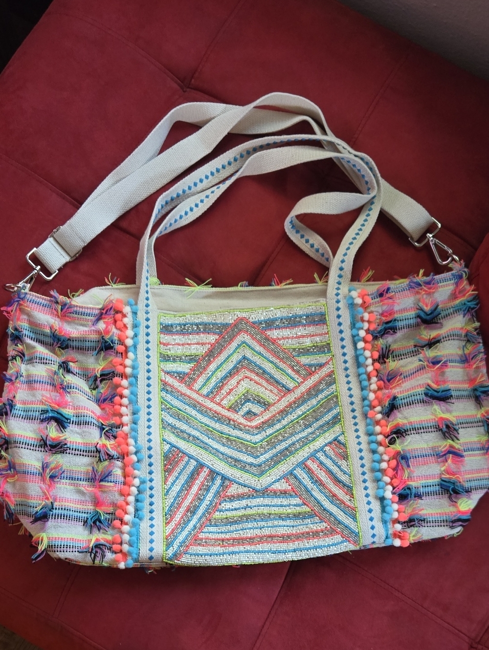Multicolor Beaded Chevron Tote with Pom-Pom Trim